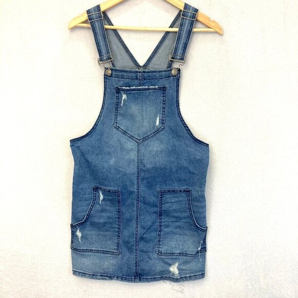SO Dresses & Skirts - Juniors SO Bib Overalls Denim Dress Womens Size Medium M Blue Stretch Distressed